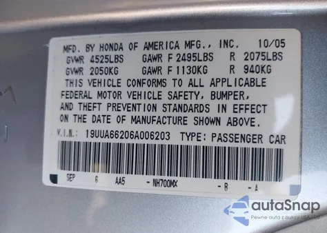 2006 Acura Tl из США, поврежденный, VIN 19UUA66206A006203